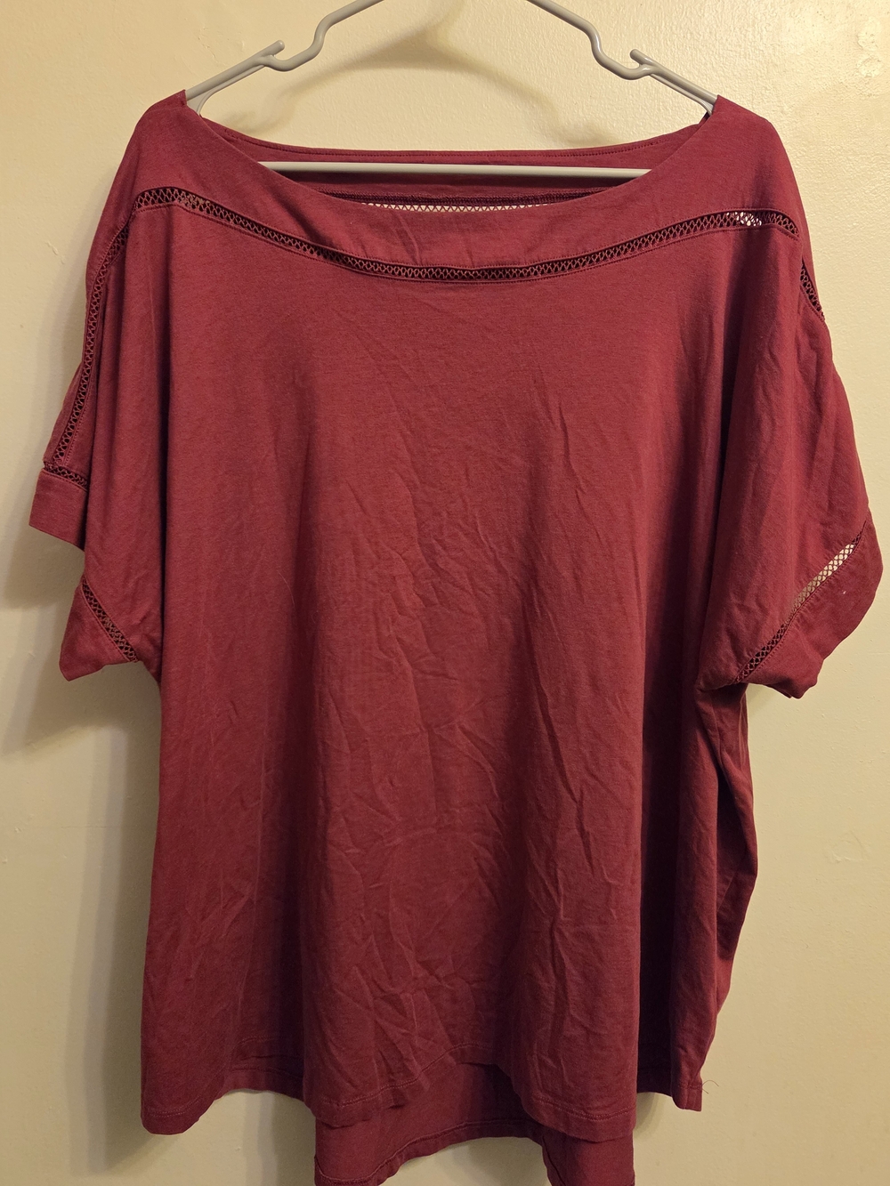 Lane Bryant Crochet Trim Boatneck Top Burgundy Short Sleeve Chic Plus Size 26/28